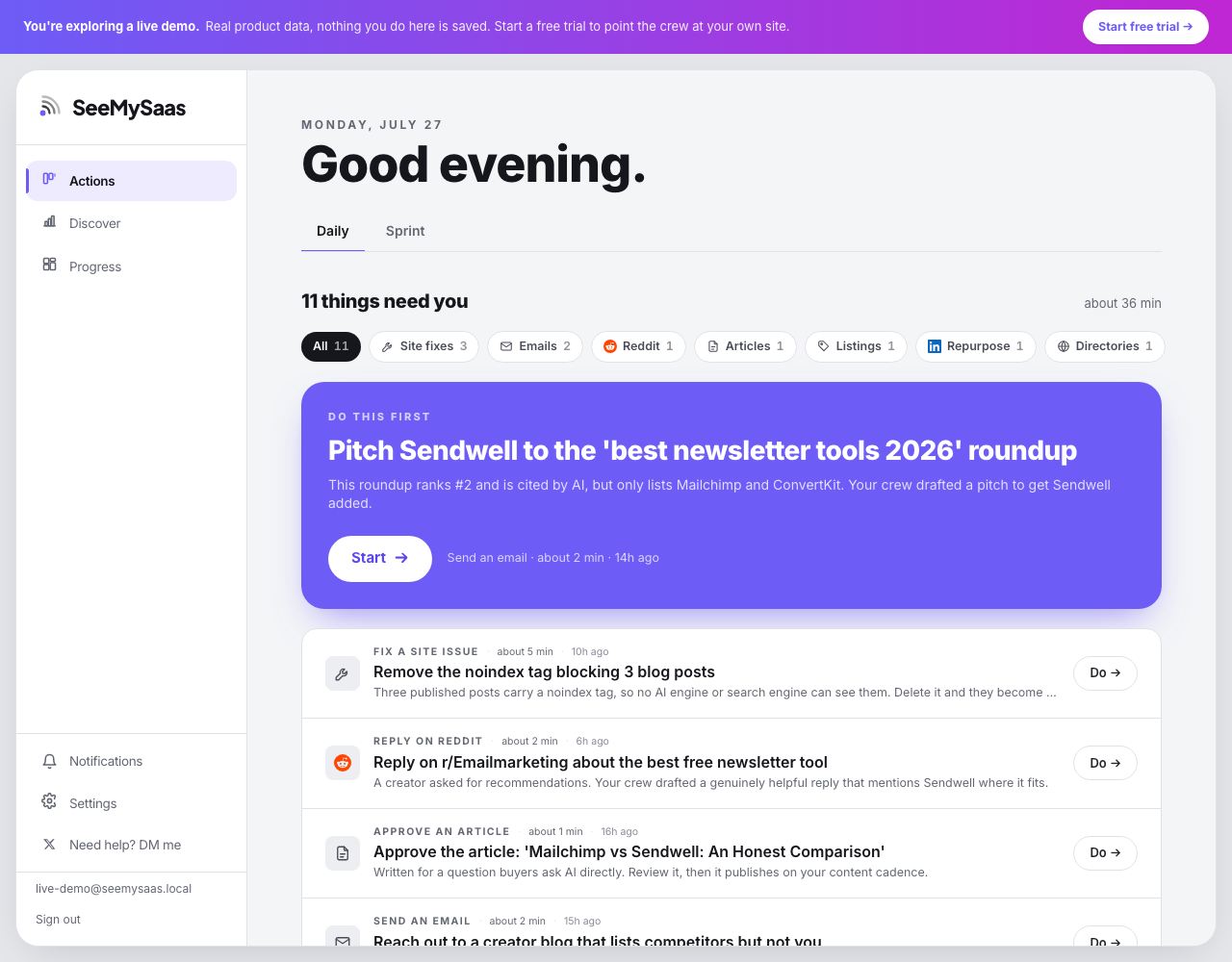 The daily Actions list