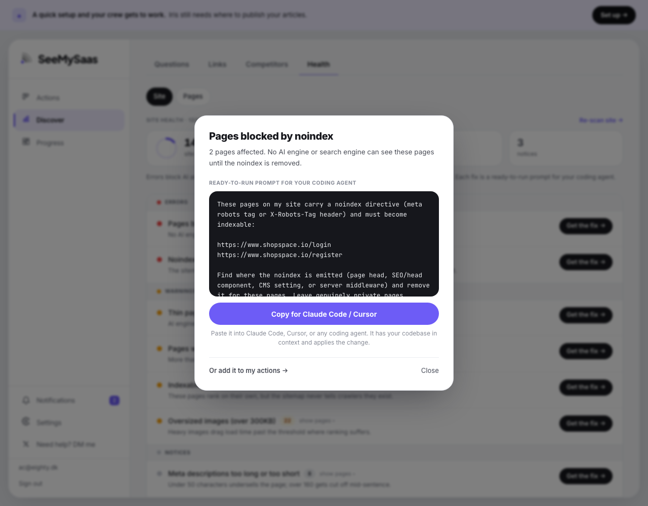 A finding's ready-to-run fix prompt