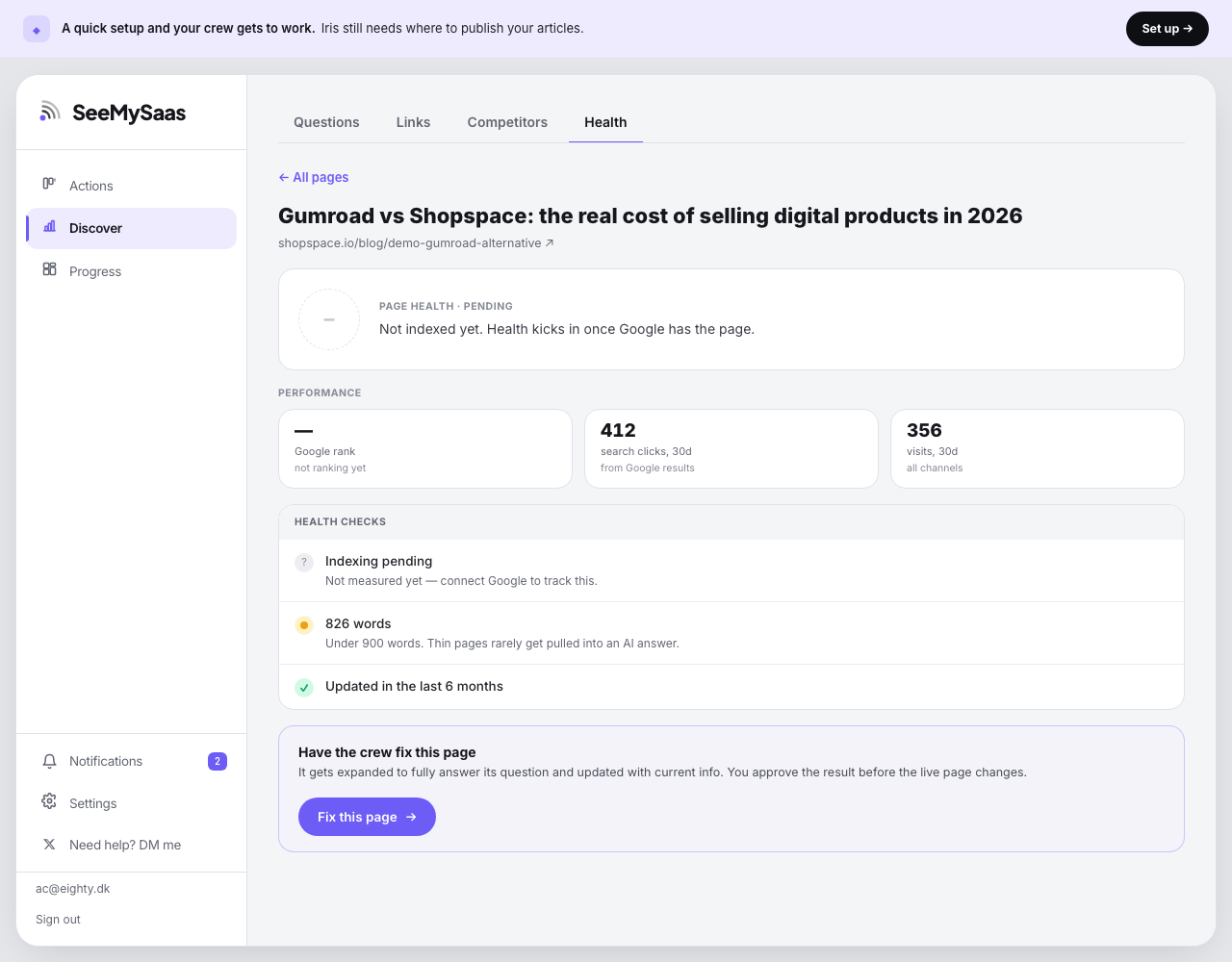A single page's health checks with the fix CTA