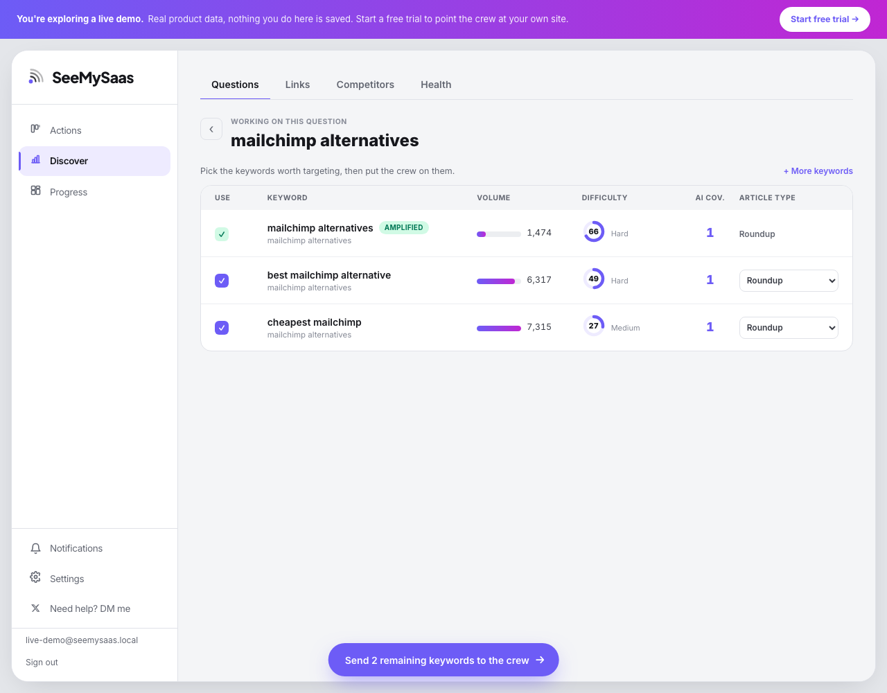 The question workspace with keyword stages